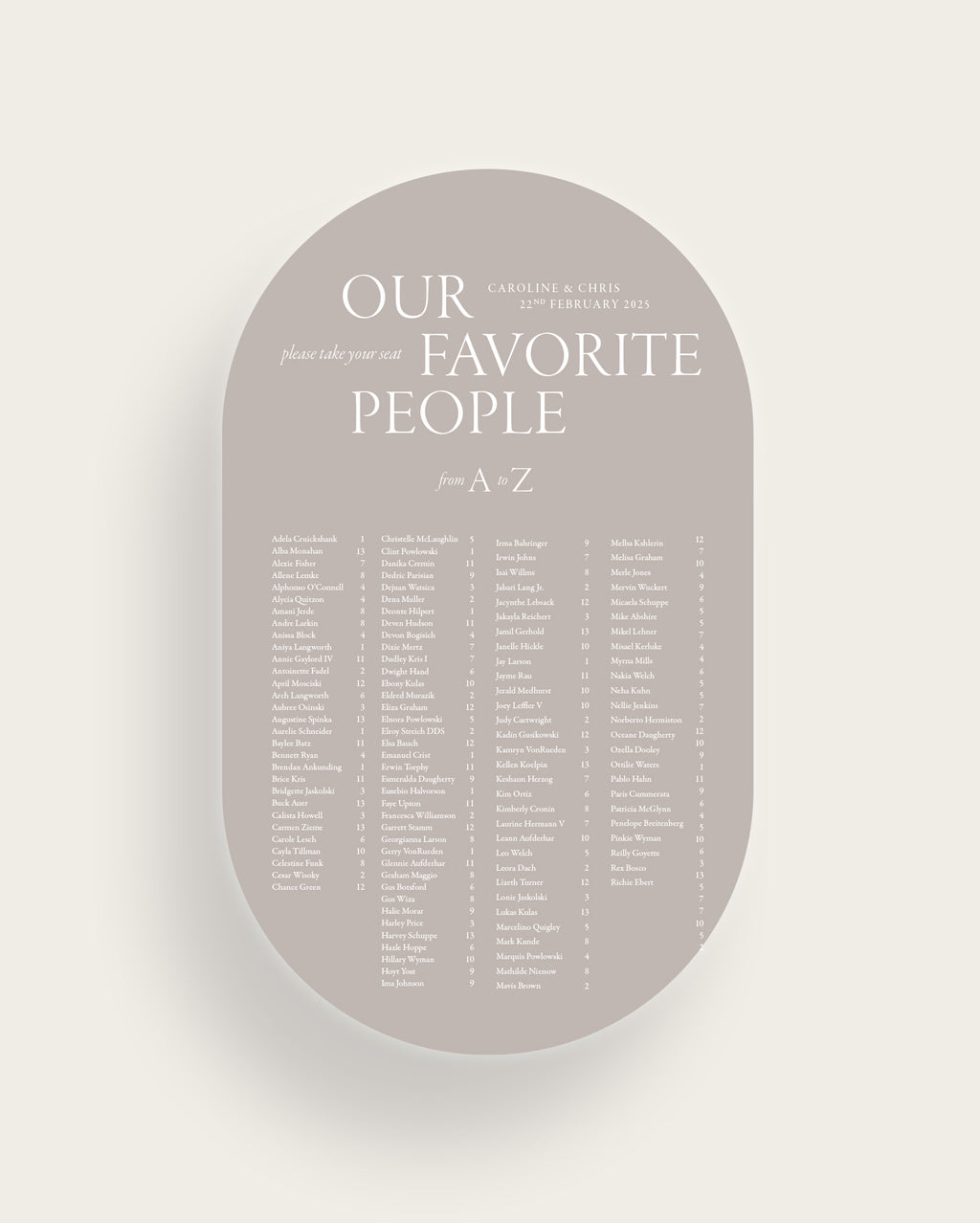 Stone Oval Seating Chart – A Modern Wedding